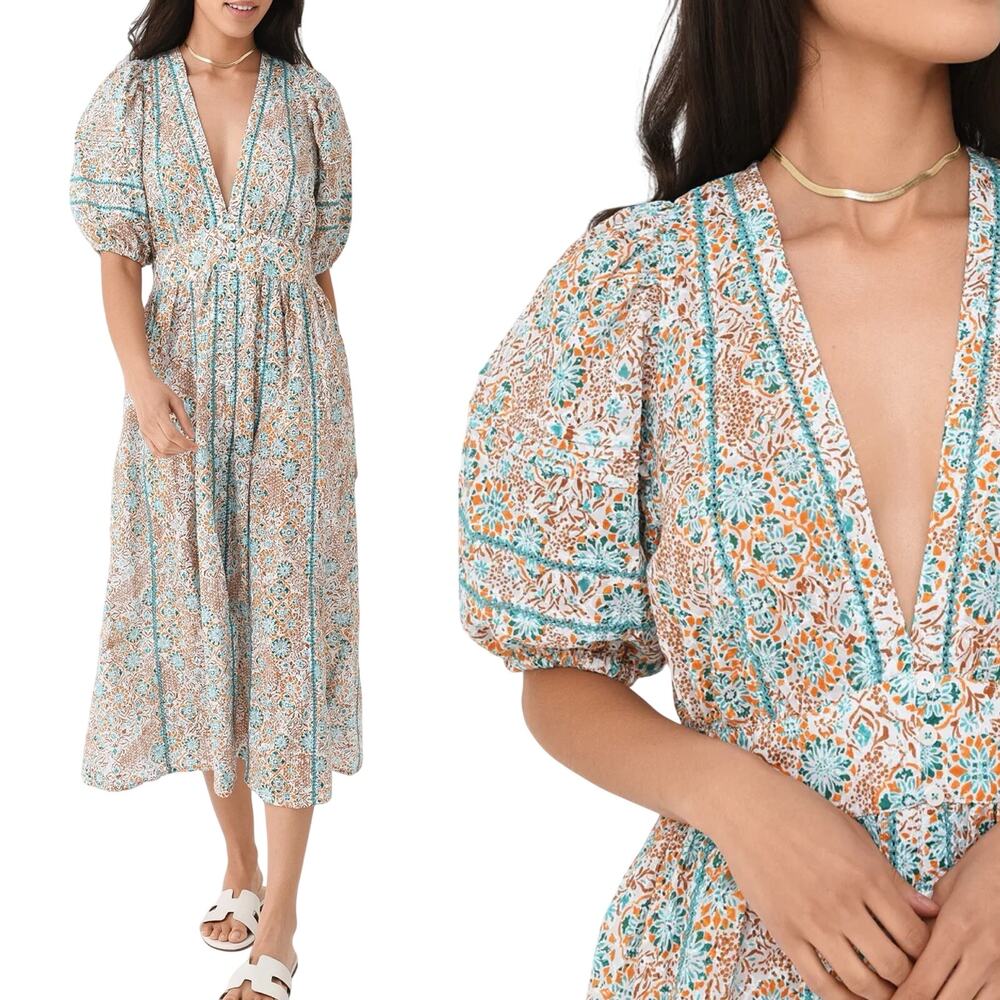 Poupette St  Barth NWT Reine Midi Dress Aqua Green Cotton Medium Puff Sleeve
